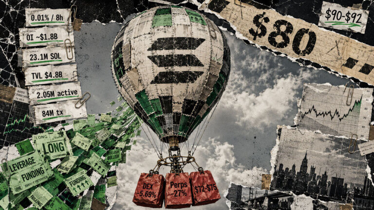 A Solana hot-air balloon rises toward $80 resistance while bullish leverage inflates it and weakening market metrics weigh below.