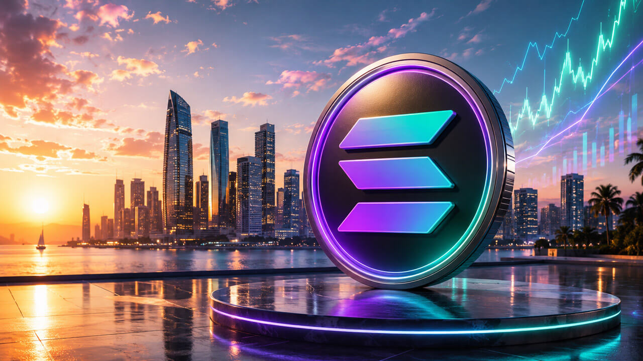 Large Solana token on a glowing platform beside a waterfront skyline and rising market chart at sunset.