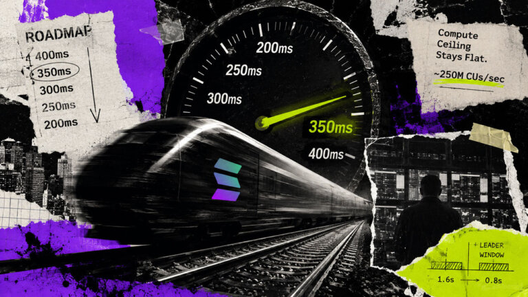 Solana depicted as a speeding train beneath a 350ms gauge, with validator infrastructure and a flat compute ceiling in torn-paper collage.