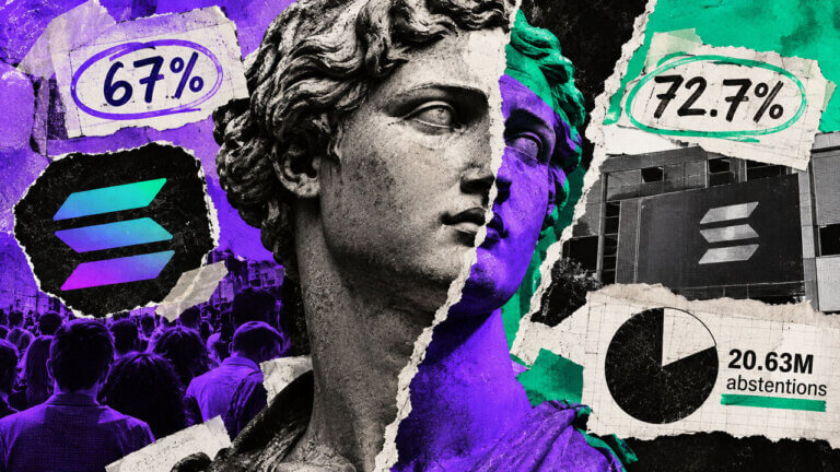 Split classical bust collage shows Solana’s competing 67% and 72.7% vote tallies alongside 20.63M SOL abstentions.