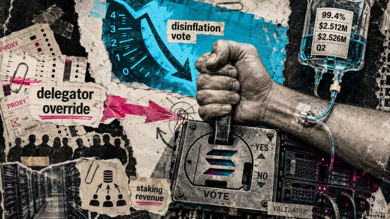 Editorial collage showing a Solana validator vote lever fed by staking revenue, opposed by delegator override power during a disinflation vote.