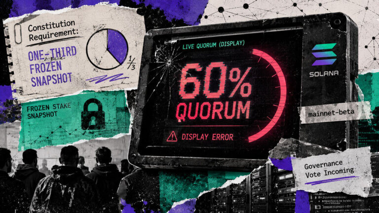 Solana governance screen flashes a 60% quorum display error while collage fragments show the constitutional one-third frozen snapshot rule.