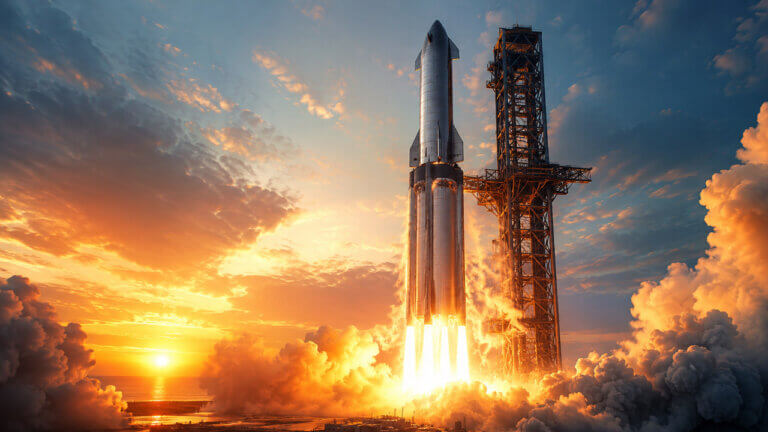 Stainless steel Starship rocket lifting off beside its launch tower at sunrise amid flames and dense smoke.