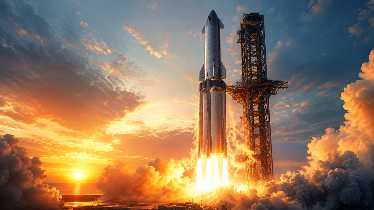 Stainless steel Starship rocket lifting off beside its launch tower at sunrise amid flames and dense smoke.