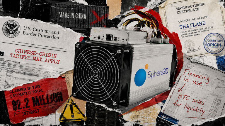 Sphere 3D Bitcoin miner surrounded by customs paperwork, Thailand origin evidence, and a disputed $2.2 million tariff claim