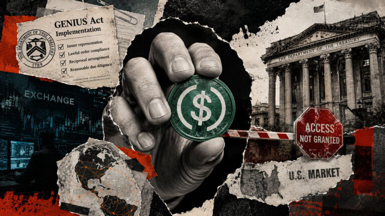 A hand presents a foreign stablecoin toward a blocked US market gate framed by Treasury oversight and due diligence requirements.