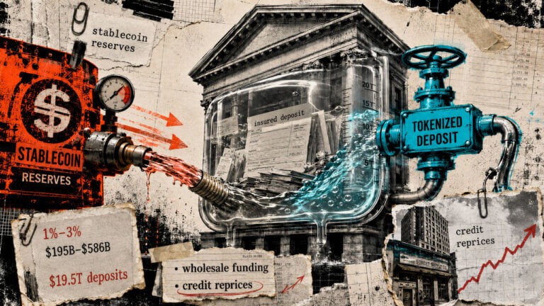 Stablecoin reserves siphon liquidity from a bank balance sheet as tokenized deposits try to preserve funding and limit credit repricing.