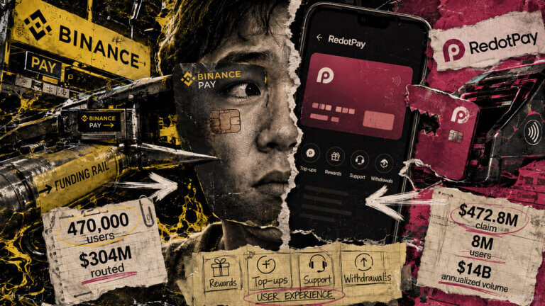Torn customer portrait caught between Binance Pay and RedotPay, illustrating a battle over stablecoin card users and payment relationships.