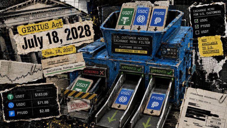 Blue sorting machine filters USDT, USDC, and PYUSD under GENIUS Act rules, illustrating how platforms may restrict access to US stablecoins.