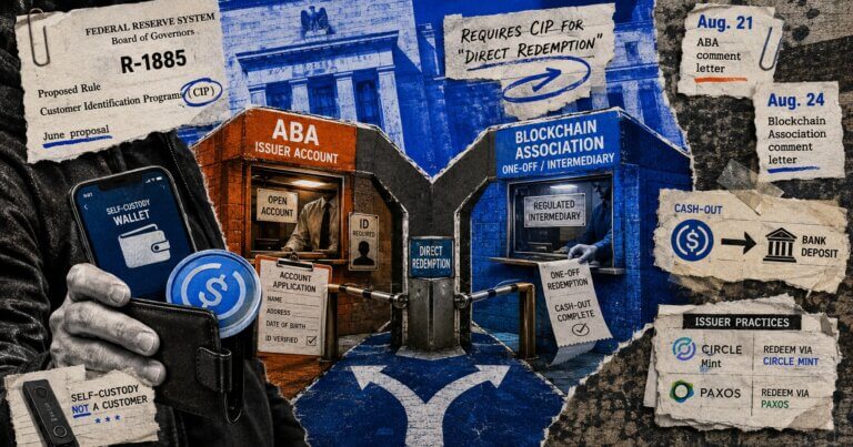 Editorial collage of a self-custody wallet facing two stablecoin redemption paths, with ABA account checks, intermediary redemption, and Federal Reserve rulemaking documents.