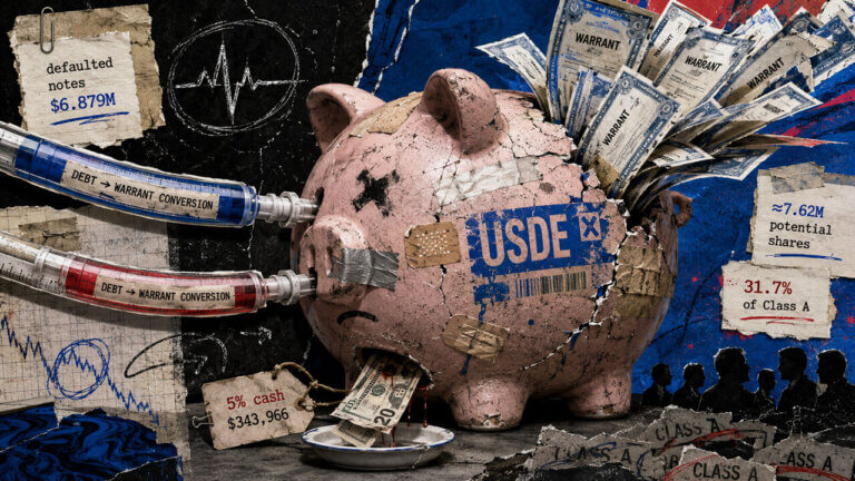 Cracked USDE piggy bank receives debt conversion tubes as warrants burst out and minimal cash leaks below.