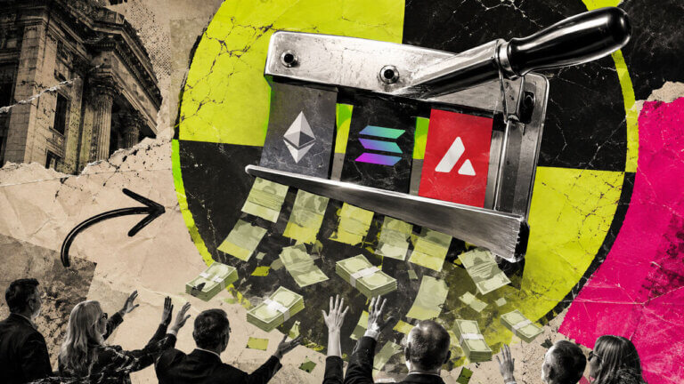 Industrial press converts Ethereum, Solana and Avalanche staking rewards into cash distributed toward waiting investors.