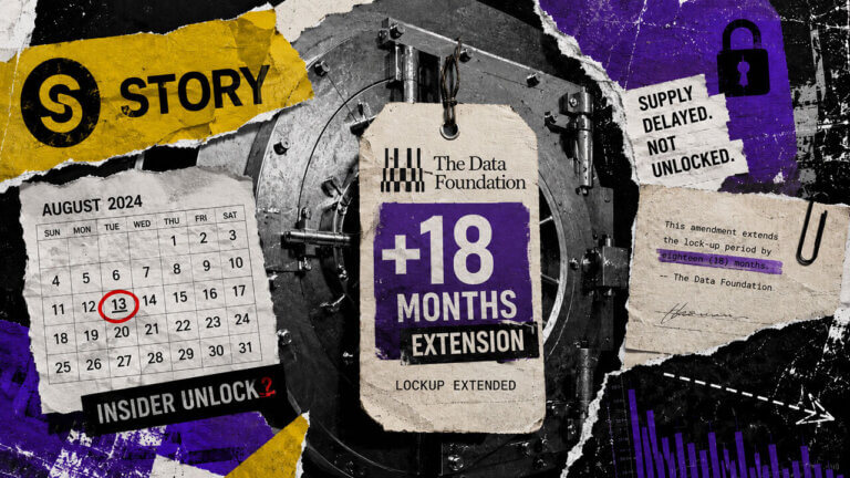 Editorial collage of a Story vault secured by an 18-month DATA Foundation lockup extension, with Aug. 13 marked as delayed.