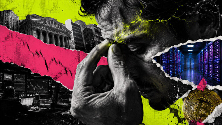 Stressed investor grips his face as AI stocks fall, trading desks react and Bitcoin remains exposed beside glowing data-center servers.
