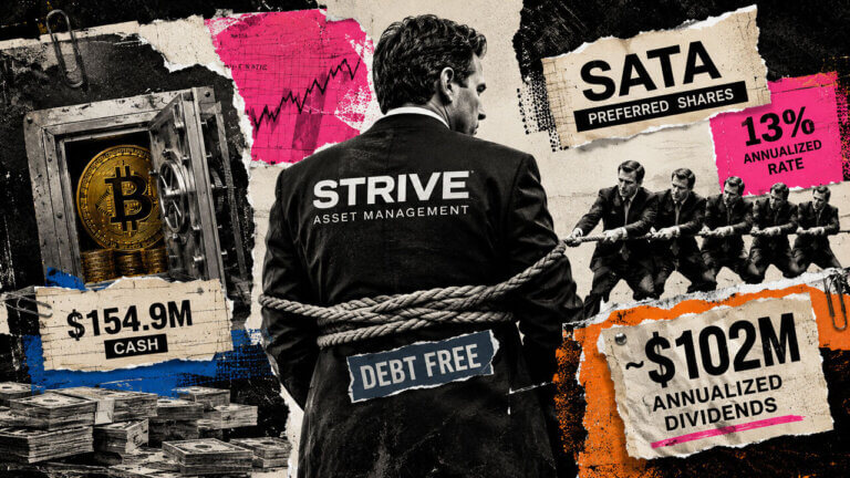 Strive is pulled between a Bitcoin treasury and SATA preferred shareholders, illustrating a 13% rate and roughly $102M annual dividend burden.