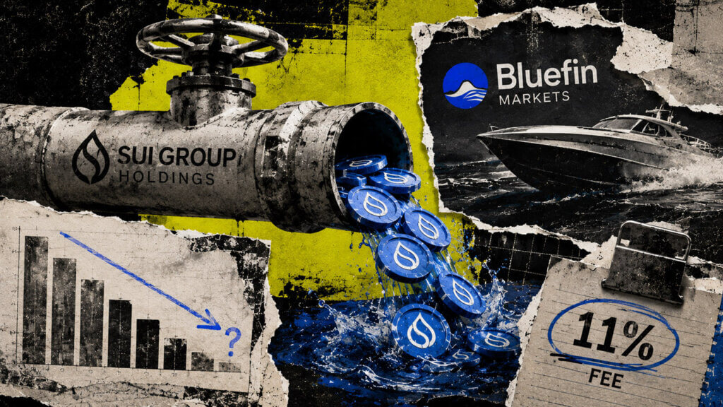 SUI tokens spill from a SUI Group pipeline toward Bluefin Markets, visualizing the uncollateralized loan and uncertain 11% revenue fee.