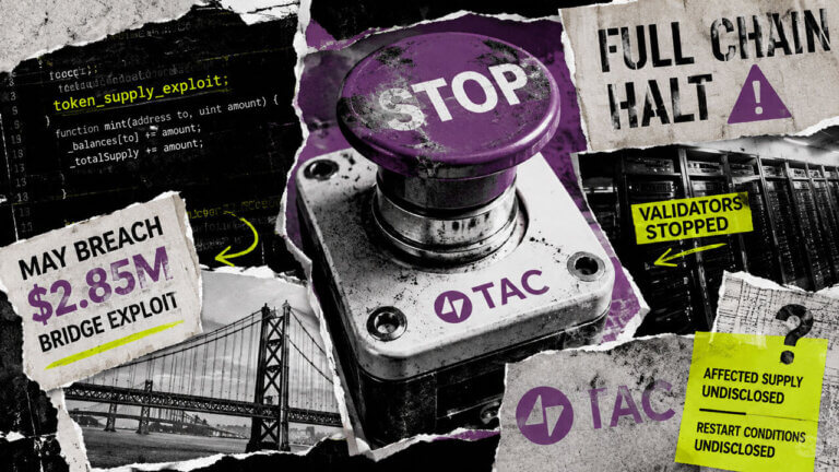 TAC security-failure collage featuring a central stop button, halted validators, supply-exploit code, and undisclosed restart conditions.