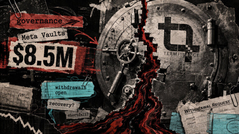 Editorial collage of a cracked Term Finance vault, red value drain, $8.5M figure, governance scraps, and withdrawal documents.