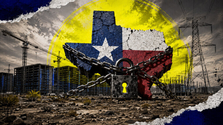 Chained Texas map and padlock stand before data centers, cranes and transmission towers, symbolizing frozen grid approvals.