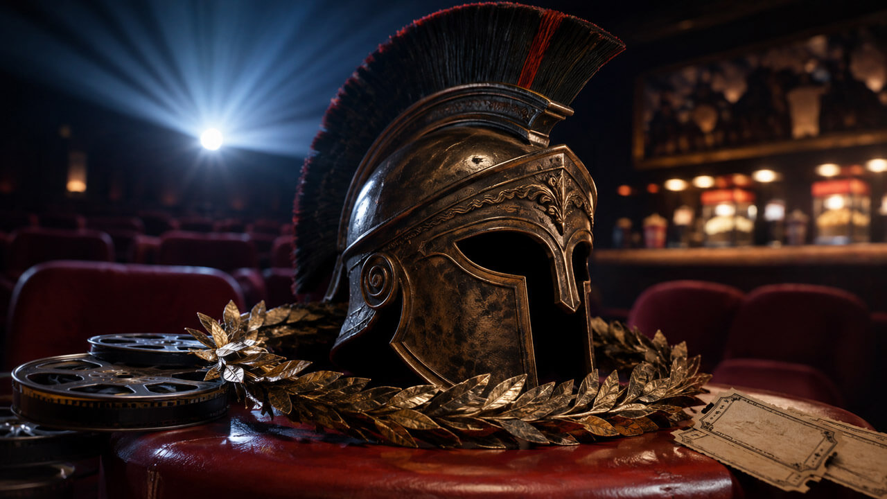 Close-up of a classical Greek warrior helmet on a theater seat with film reels and laurel leaves, representing The Odyssey’s box office run.