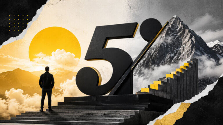 The5ers editorial collage with a monumental 5ers symbol, rising steps, mountain peak and trader representing structured progression and growth.