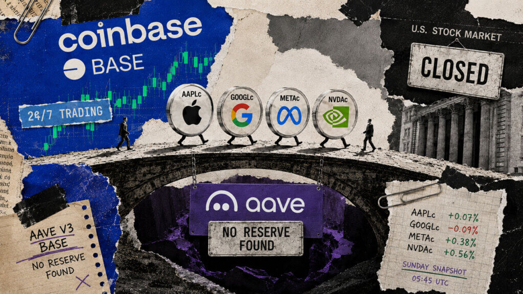 Coinbase stock tokens cross a bridge toward a closed U.S. market while an Aave reserve gap opens beneath them.