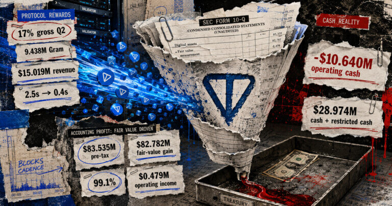 Editorial collage showing TON Strategy’s 17% Q2 staking yield, $15.019 million staking revenue and $83.535 million pre-tax income against negative $10.640 million operating cash flow.