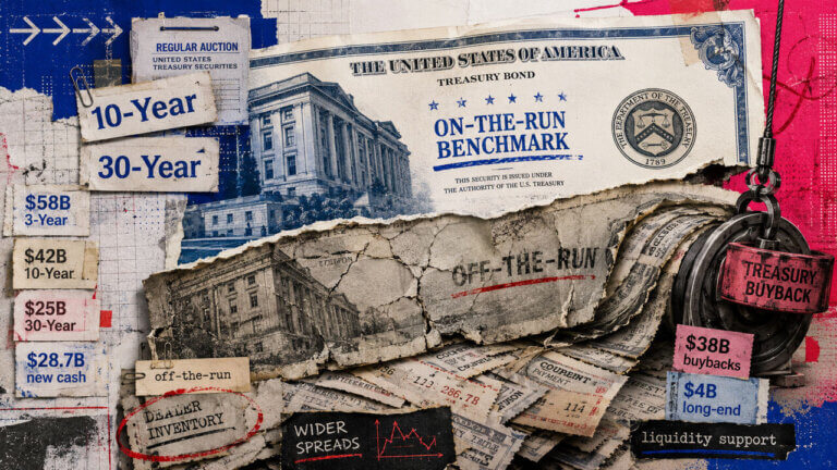 Crisp on-the-run Treasury bonds contrast with worn off-the-run debt being pulled into a buyback mechanism amid market evidence.