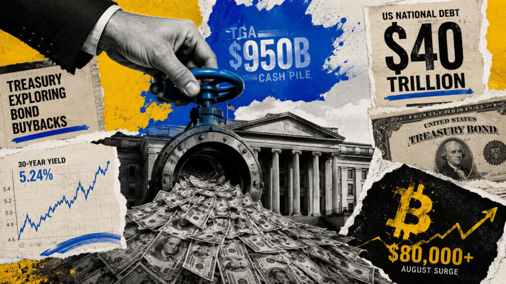 A hand turns a Treasury cash valve releasing dollars, with Bitcoin at $80,000, rising yields, bond buybacks, and $40T national debt.
