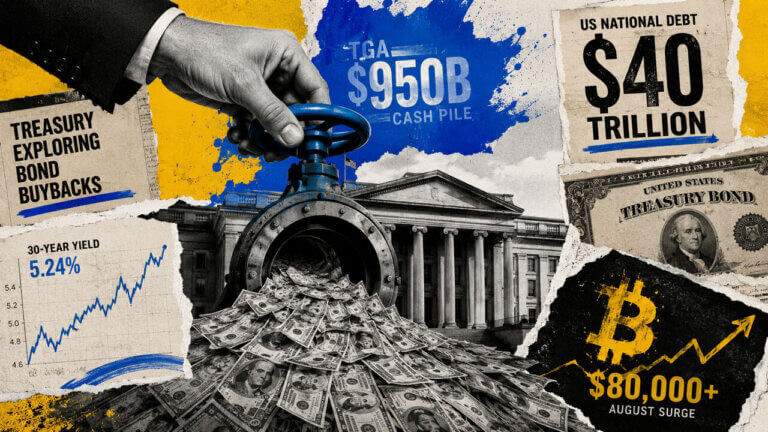 A hand turns a Treasury cash valve releasing dollars, with Bitcoin at $80,000, rising yields, bond buybacks, and $40T national debt.