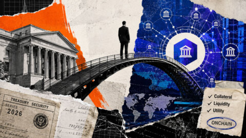 A bridge links traditional Treasury infrastructure to an onchain network, symbolizing tokenized assets gaining collateral, liquidity, and utility.