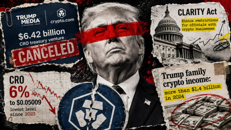 Punk editorial collage of Trump, Trump Media and Crypto.com with the canceled $6.42B CRO venture, Capitol scrutiny, and CRO at $0.05009.
