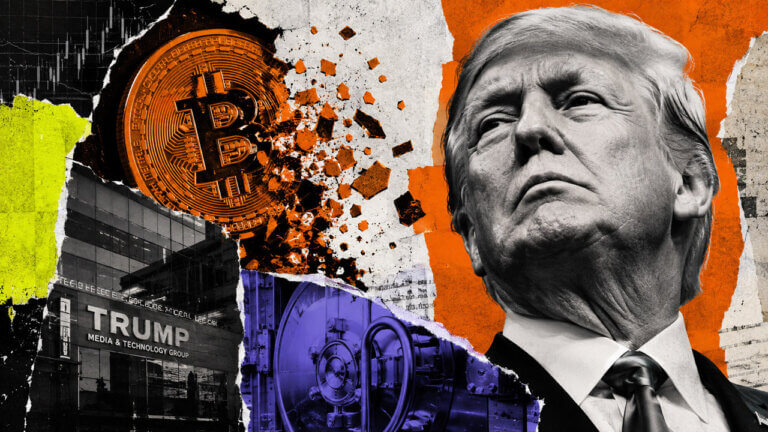 Editorial collage of Donald Trump beside a shattered Bitcoin, Trump Media building and purple vault in orange, black and acid green.