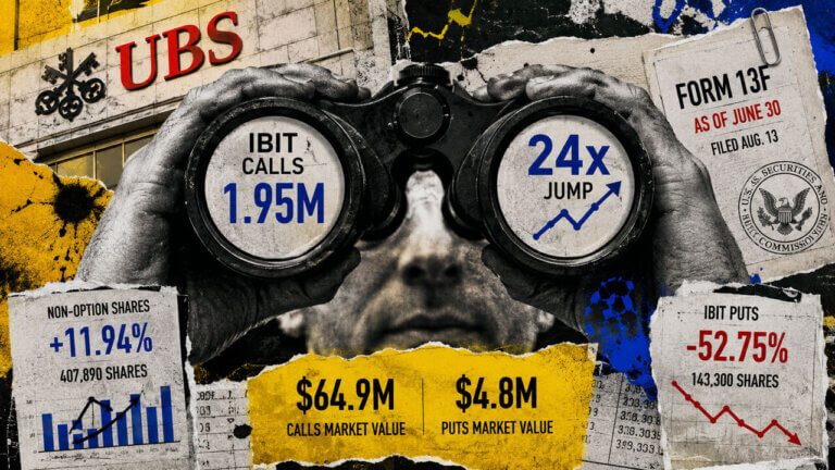 Editorial collage of a figure using binoculars to examine UBS IBIT options, highlighting 1.95M calls, rising shares, and falling puts.