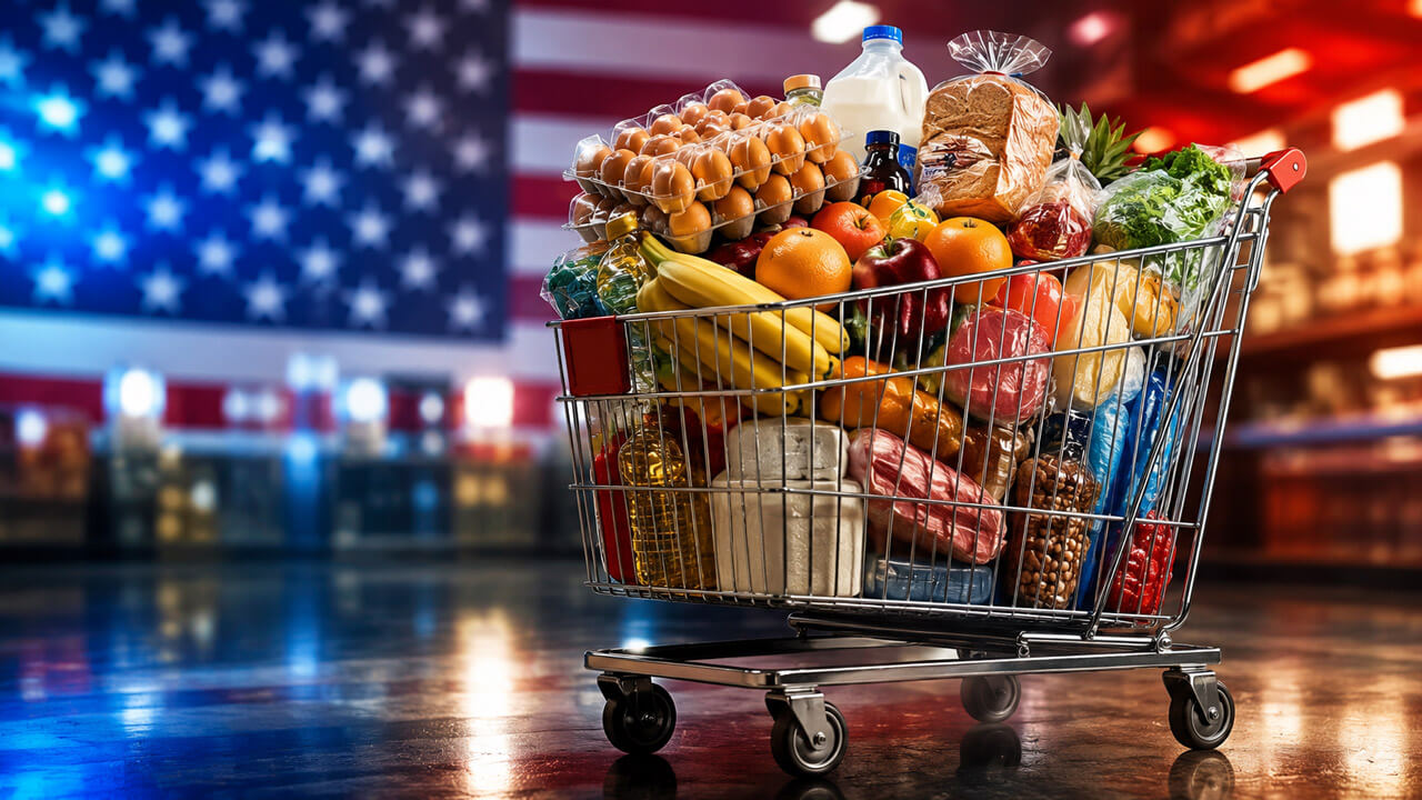 Shopping cart filled with groceries against a large U.S. flag, representing annual U.S. inflation and rising consumer prices in July.