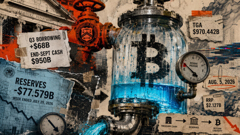 US Treasury valve drains a Bitcoin liquidity tank as reserves fall, illustrating borrowing pressure and the upcoming Aug. 5 financing test.