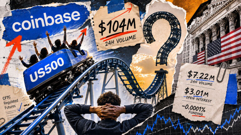 Mixed-media collage turns US500 into a rollercoaster racing from a $104M launch spike toward an uncertain loop of future demand.