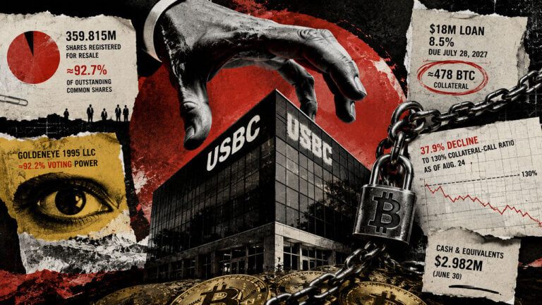 A looming hand controls the USBC building while chained Bitcoin collateral and torn financial evidence frame ownership and debt risk.