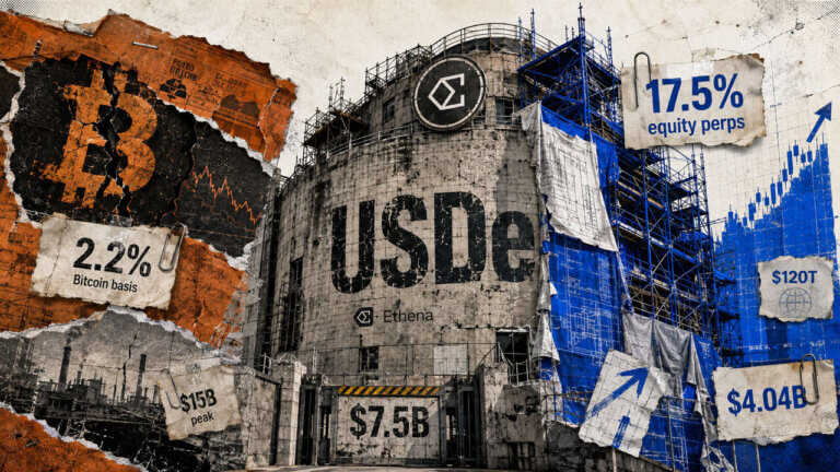 USDe depicted as a financial structure under reconstruction, shifting from low Bitcoin basis yields toward higher-yield equity perpetuals.