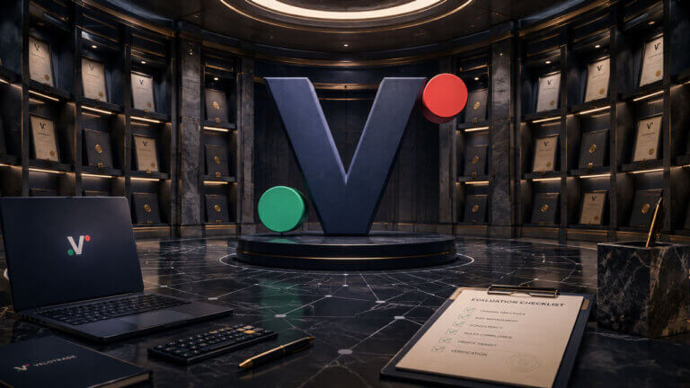 Velotrade prop firm concept with central V logo, verified certificates and trader workspace symbolizing transparent payouts and account verification.