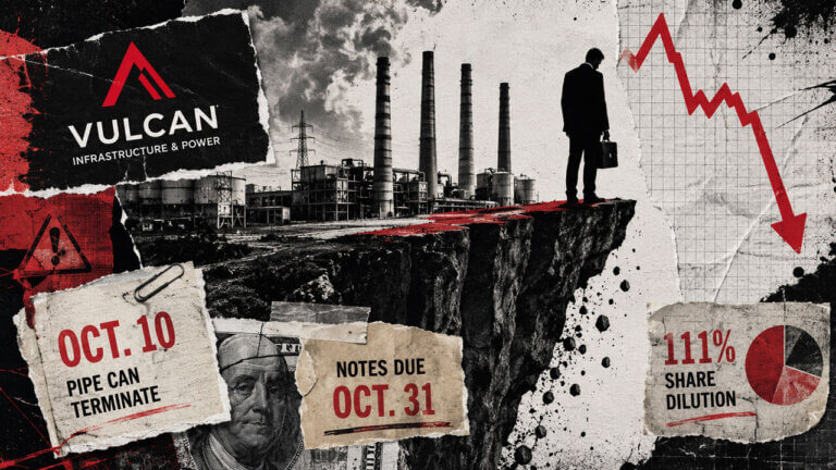 Vulcan’s industrial site ends at a financial cliff as an Oct. 10 PIPE cutoff, Oct. 31 debt maturity, and 111% dilution threaten shareholders.