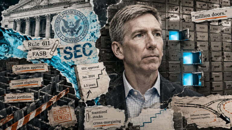 Matt Hougan stands before a wall of locked financial doors as SEC rules open only a few paths for broader crypto adoption.