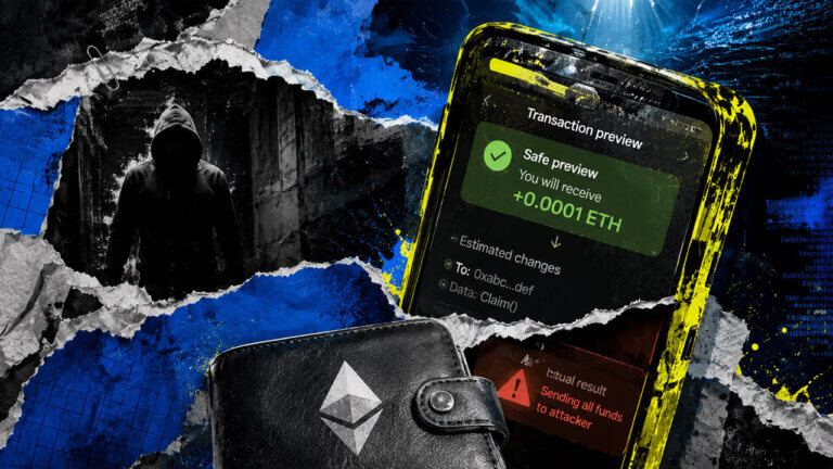 Phone shows a safe ETH preview while a hidden attacker and torn red warning reveal that all wallet funds will be drained.