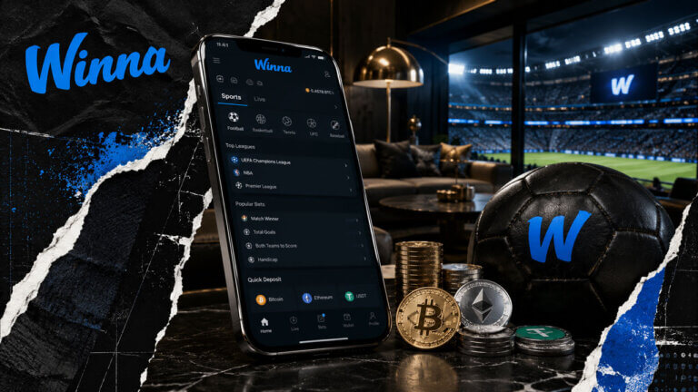 Winna sportsbook app in a premium stadium lounge with a branded football and subtle Bitcoin, Ethereum, and USDT payment cues.