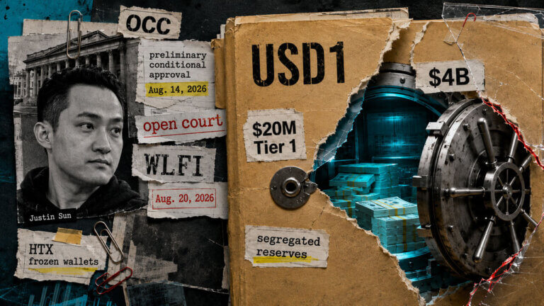 Justin Sun appears beside a torn USD1 dossier revealing a cyan-lit vault, OCC approval notes, WLFI court scraps, and reserve labels.