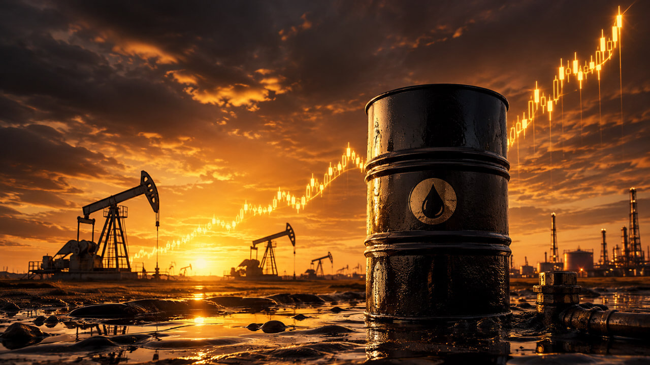 Black oil barrel in a sunset oilfield with pumpjacks and a rising market chart, representing WTI crude oil’s August price target.