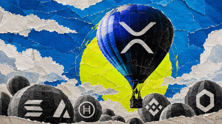 XRP hot-air balloon rises above Solana, Avalanche, Hedera, BNB, and Chainlink balloons in a vivid torn-paper collage