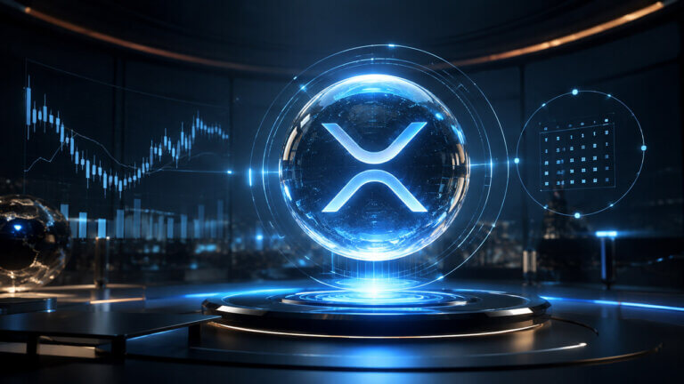 Glowing XRP symbol inside a holographic orb surrounded by market charts in a futuristic trading chamber.