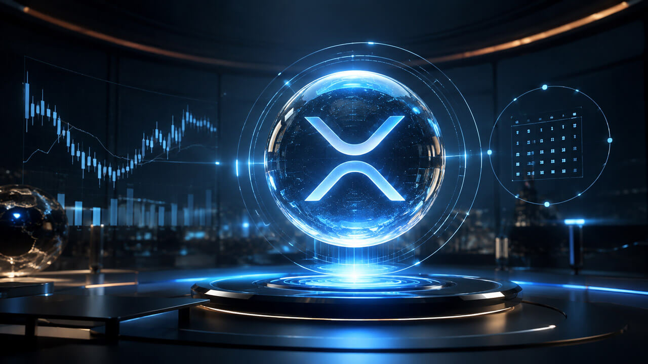 Glowing XRP symbol inside a holographic orb surrounded by market charts in a futuristic trading chamber.