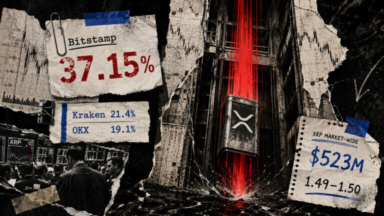 XRP elevator plunges through a red vertical market drop as Bitstamp’s 37.15% wick contrasts with Kraken, OKX, and broader market data.